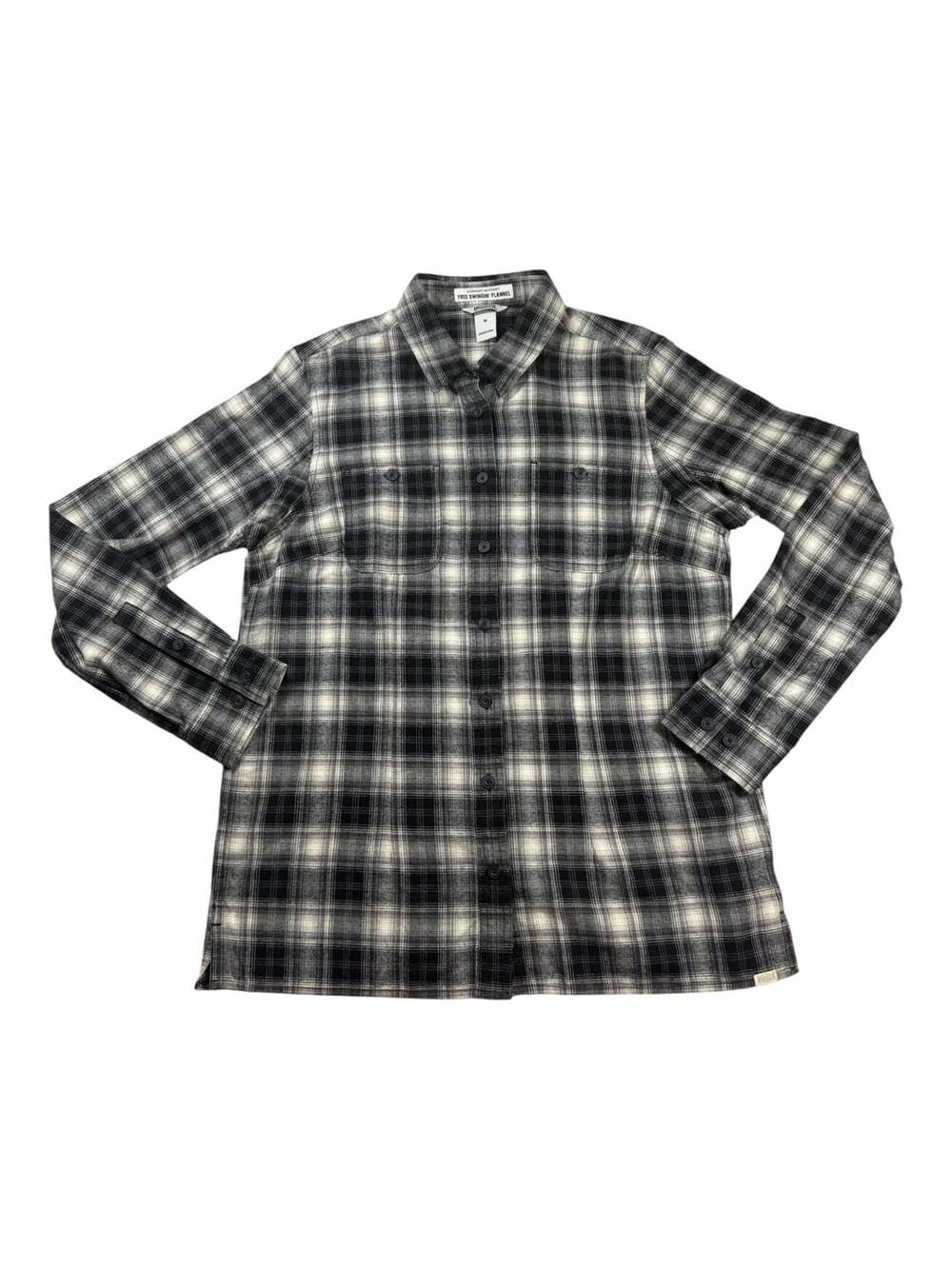 Duluth Trading Free Swingin Flannel Shirt Womens M Black White Plaid Button Up